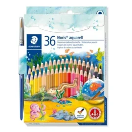 Cardboard box containing 36 watercolour pencils in assorted colours and 1 paint brush
